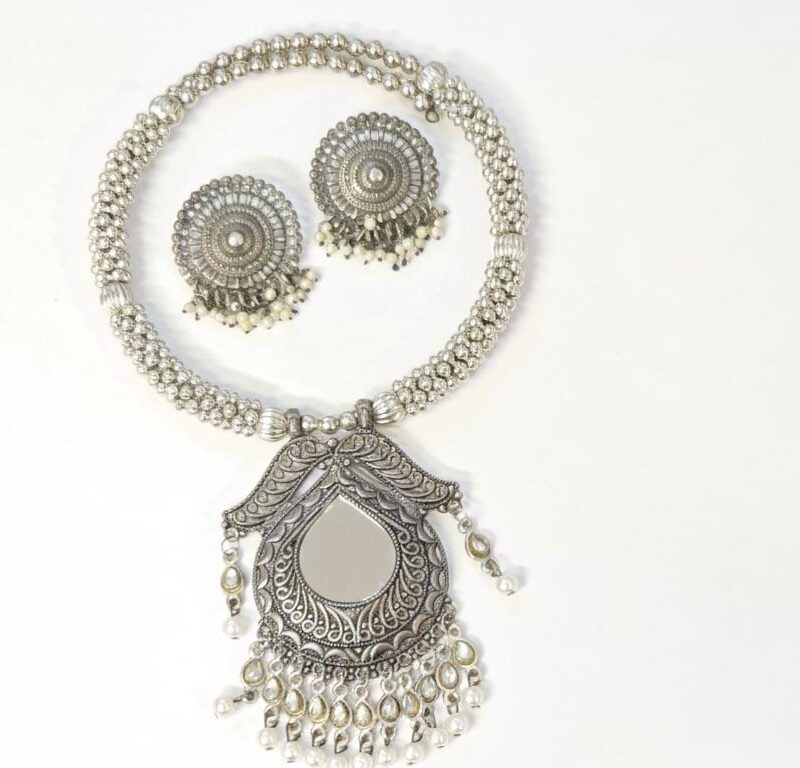 Oxidised Mirror Necklace Earrings